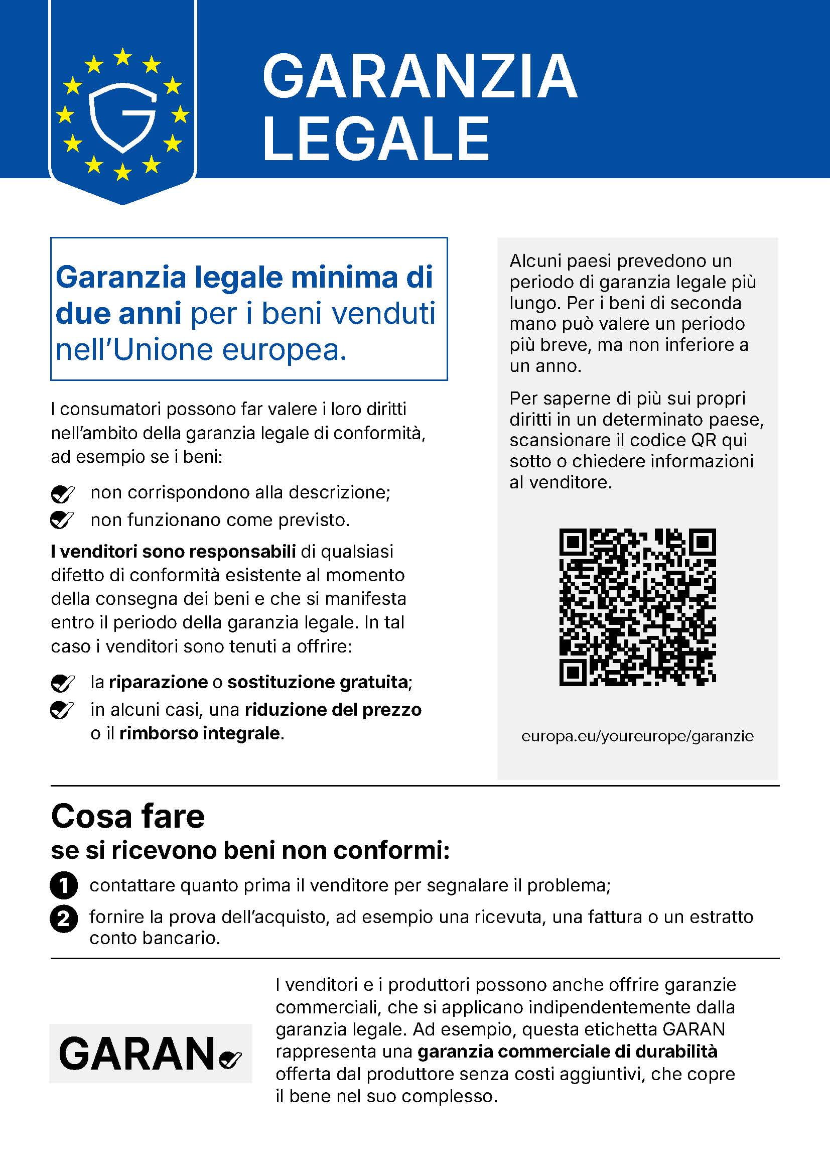 Avviso armonizzato dell'UE sulla garanzia legale di conformità